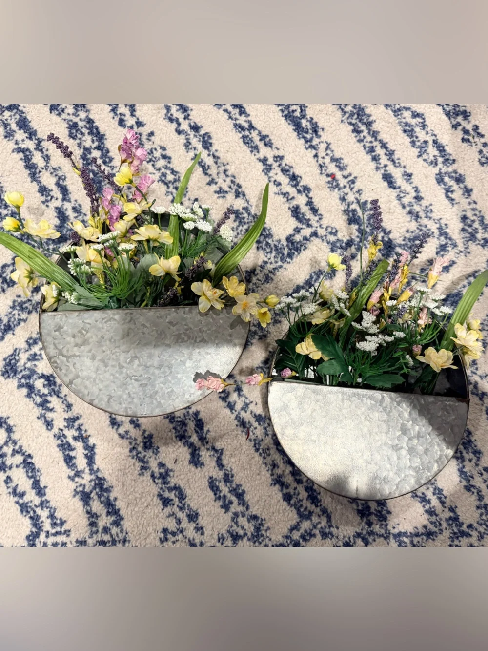 Galvanized Half-Moon Wall Planter Pair with Yellow Floral Accents